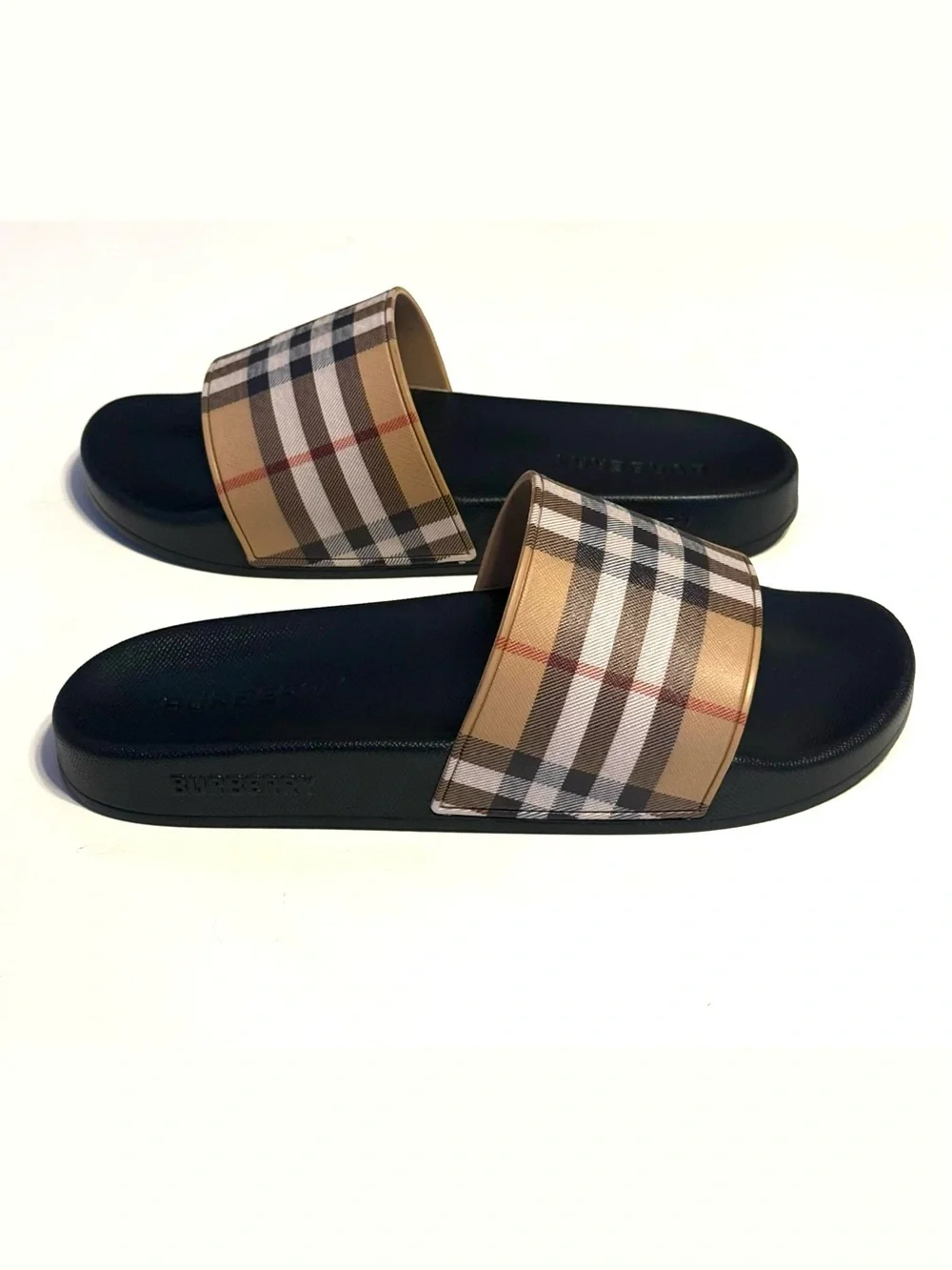 Burberry Slide Men’s Size 10 Black/Beige Rubber Slip-On Plaid Logo Sandals